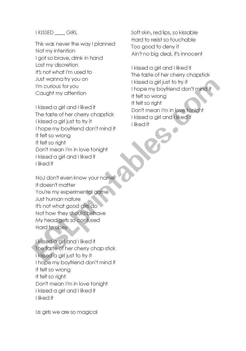 I kissed a girl song activity worksheet