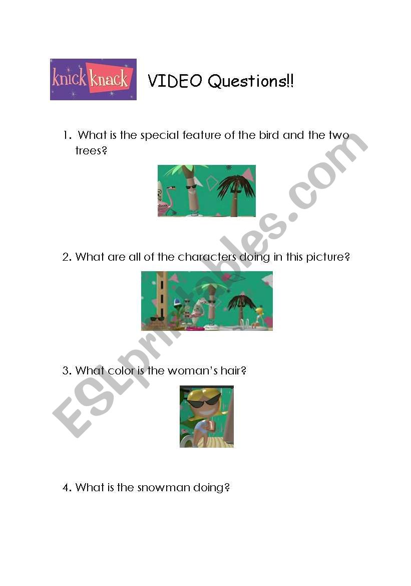 Knick knack video questions worksheet