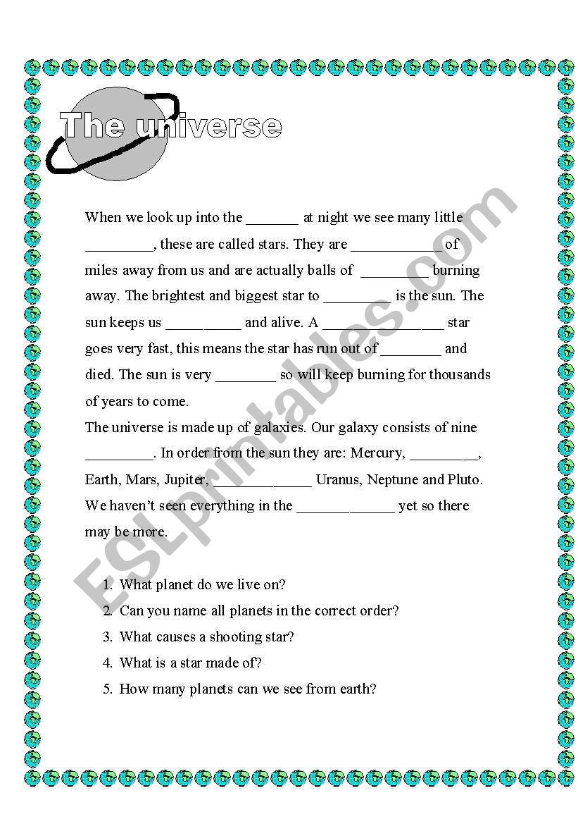 the universe worksheet