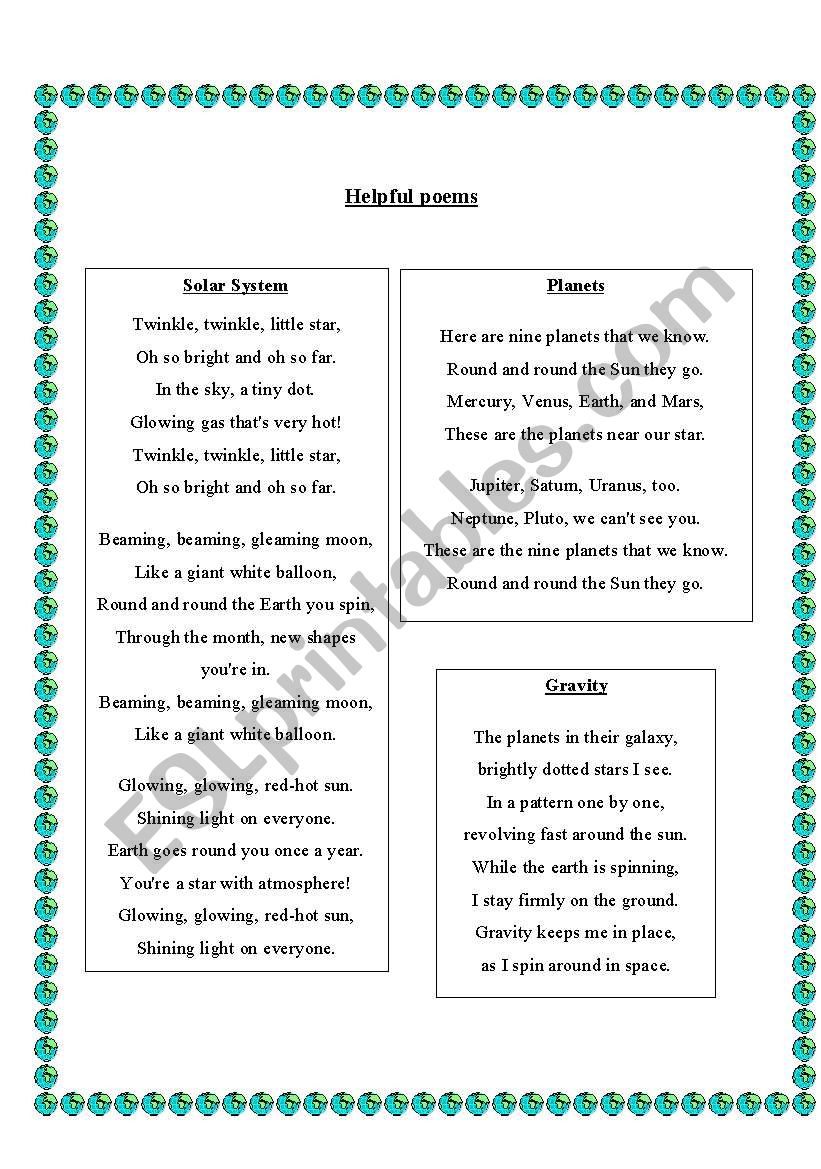 universe poems worksheet