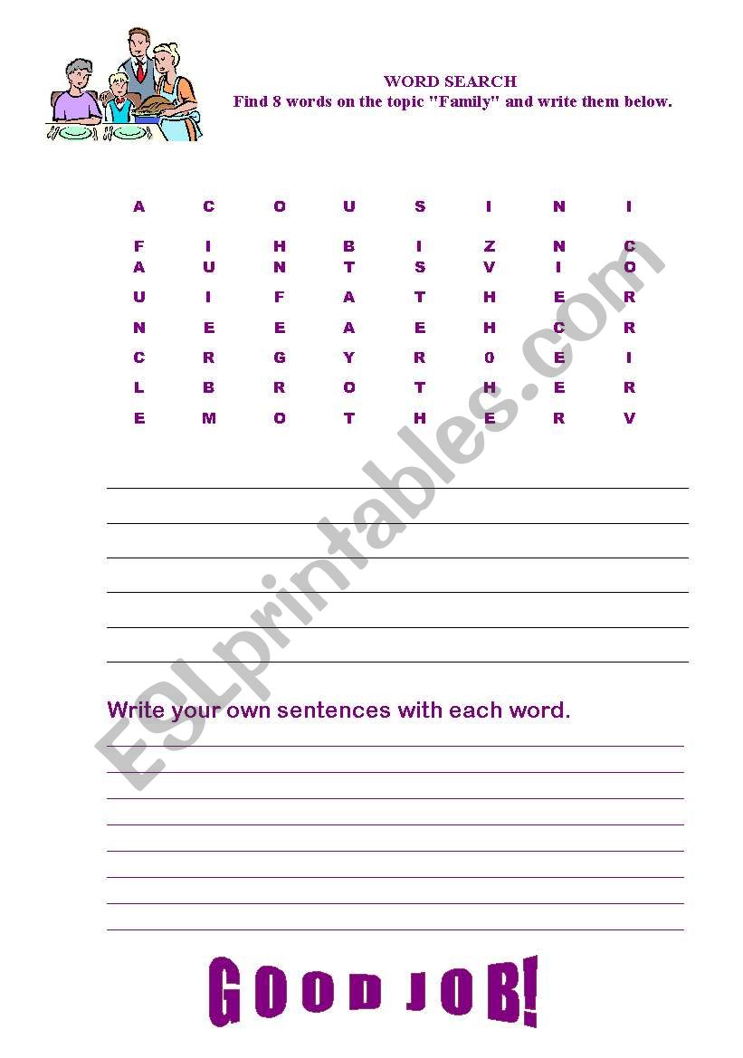 Family. Word search. worksheet