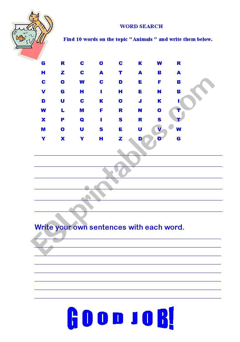 Animals. Word search. worksheet