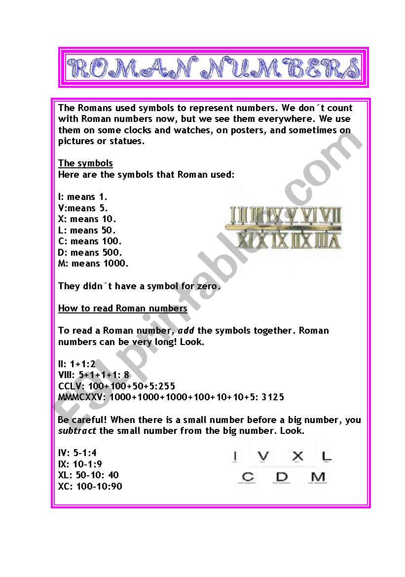 ROMAN NUMBERS worksheet