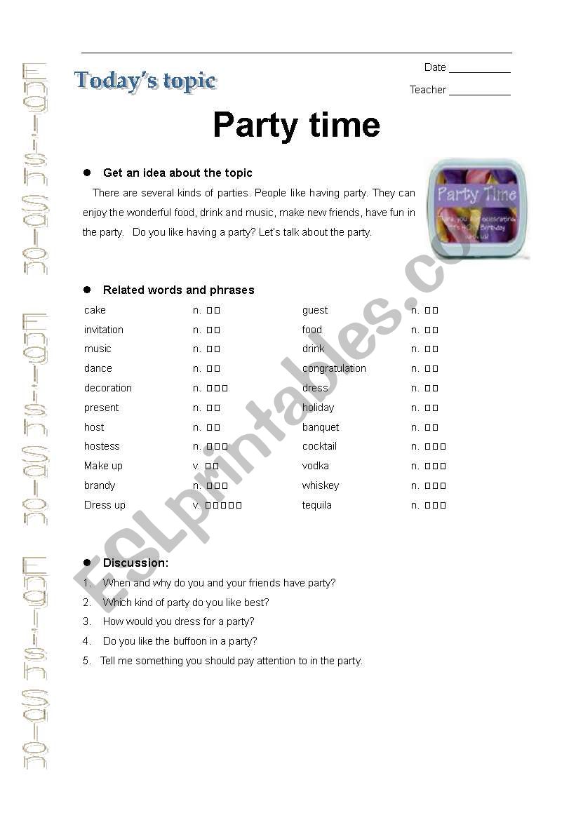 Party time worksheet