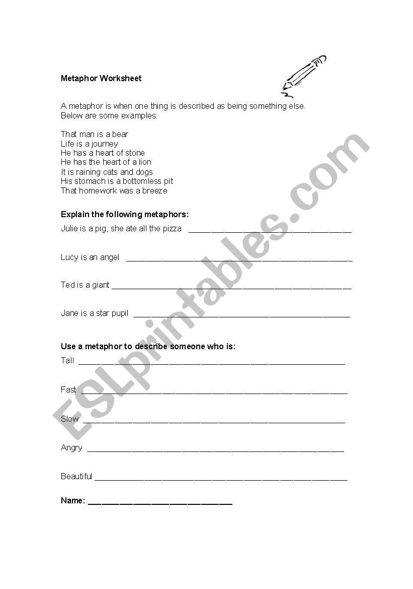 Metaphor Worksheet worksheet