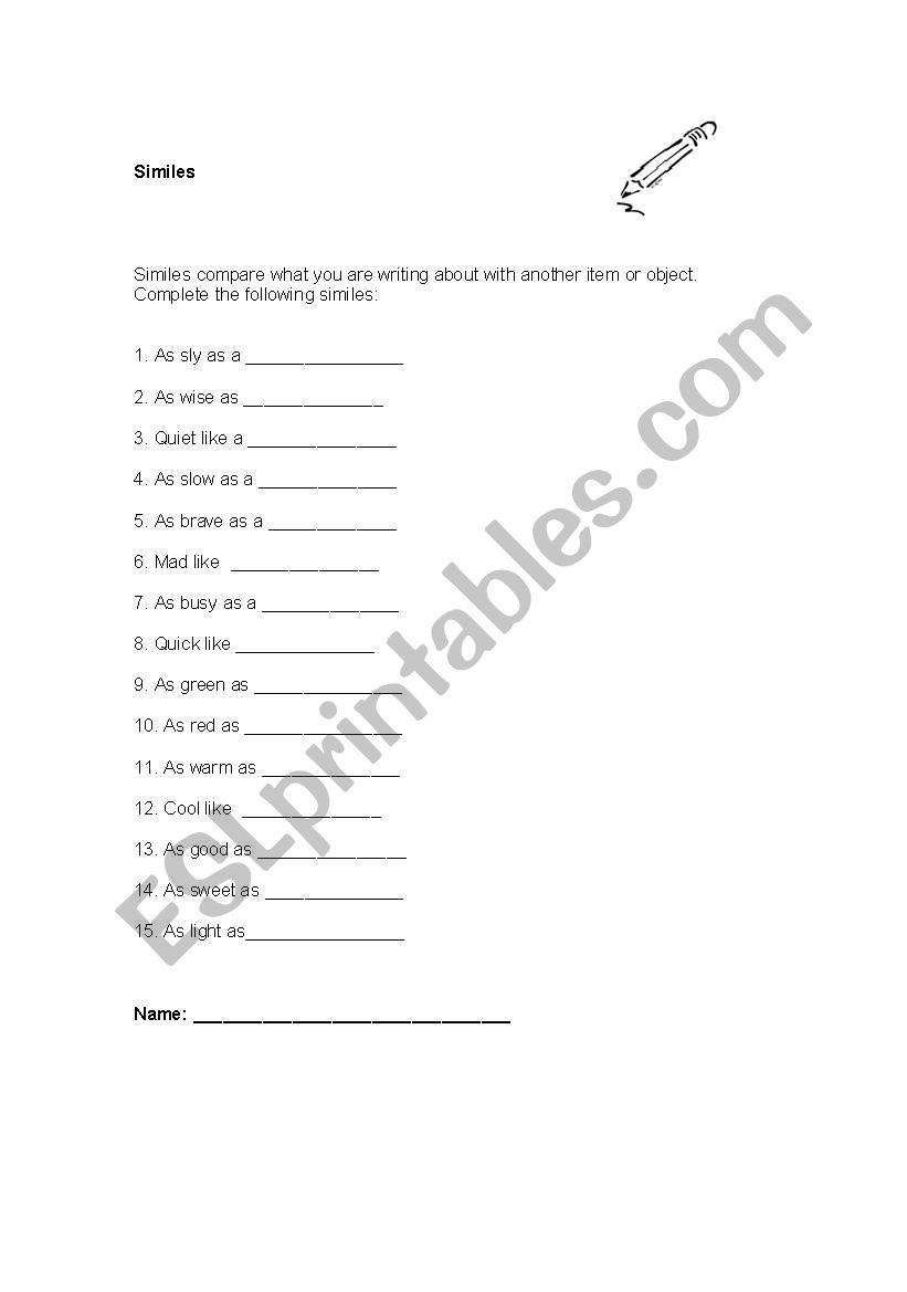 Simile Worksheet worksheet