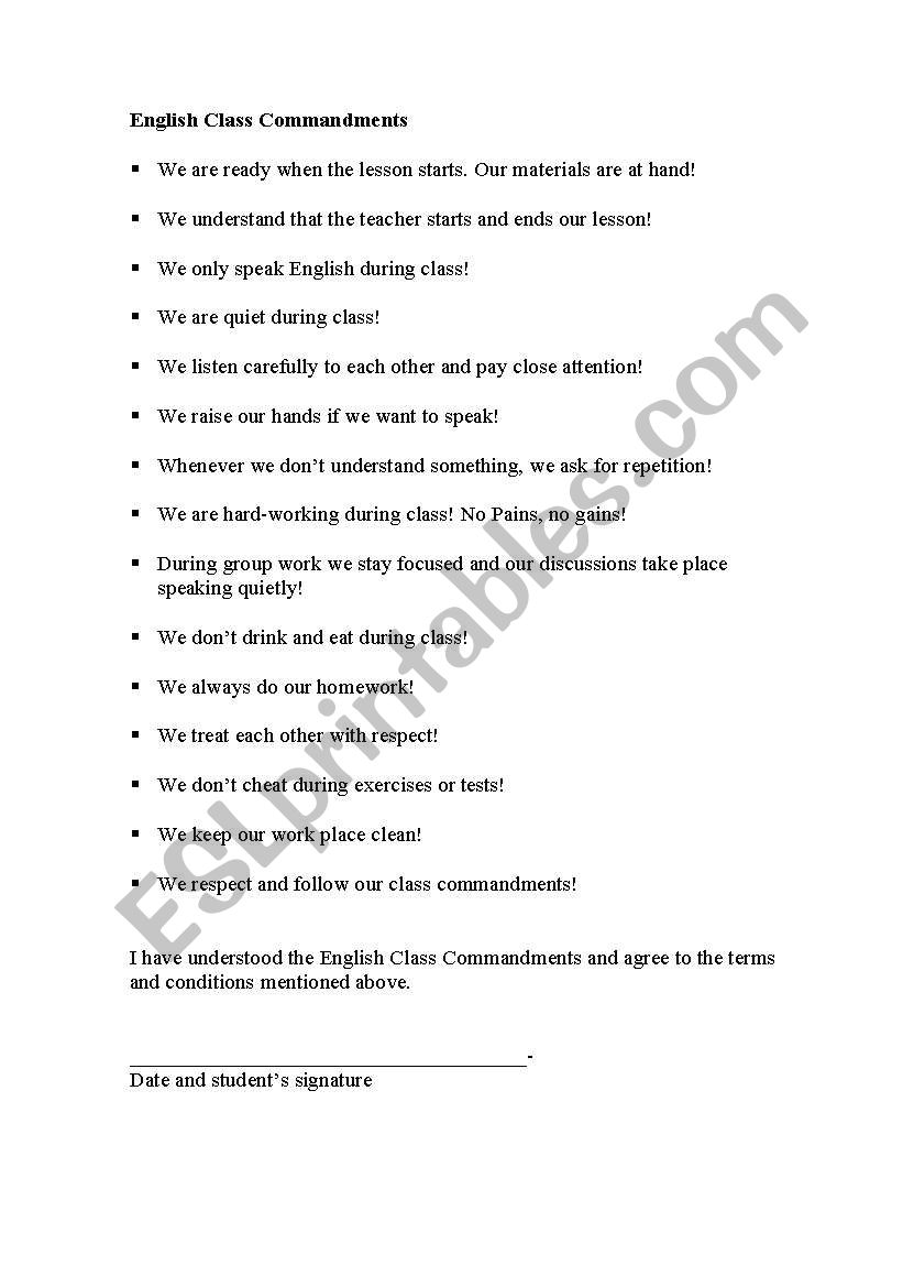 useful class commandements worksheet