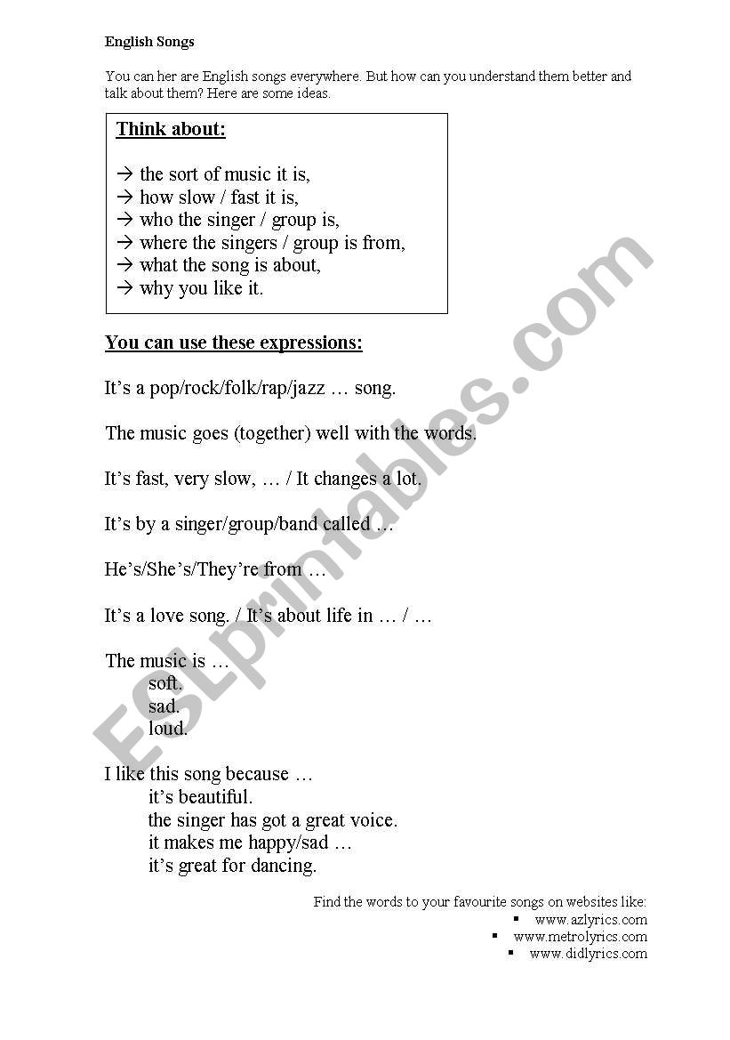 English Song Vocab worksheet