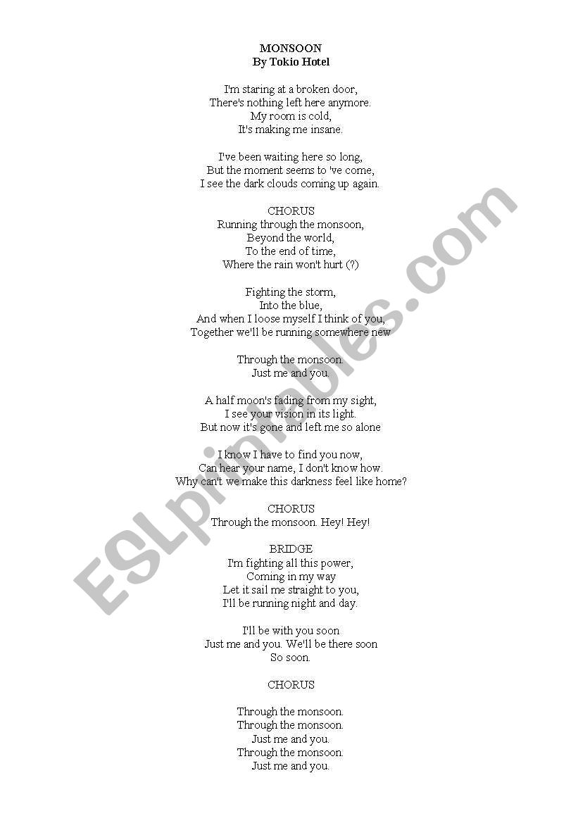 Monsoon by Tokio Hotel worksheet