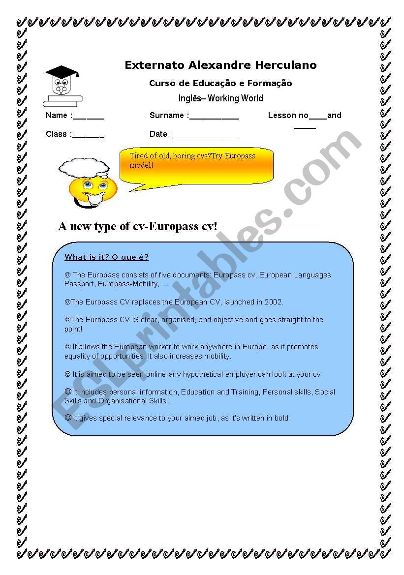 Europass cv worksheet