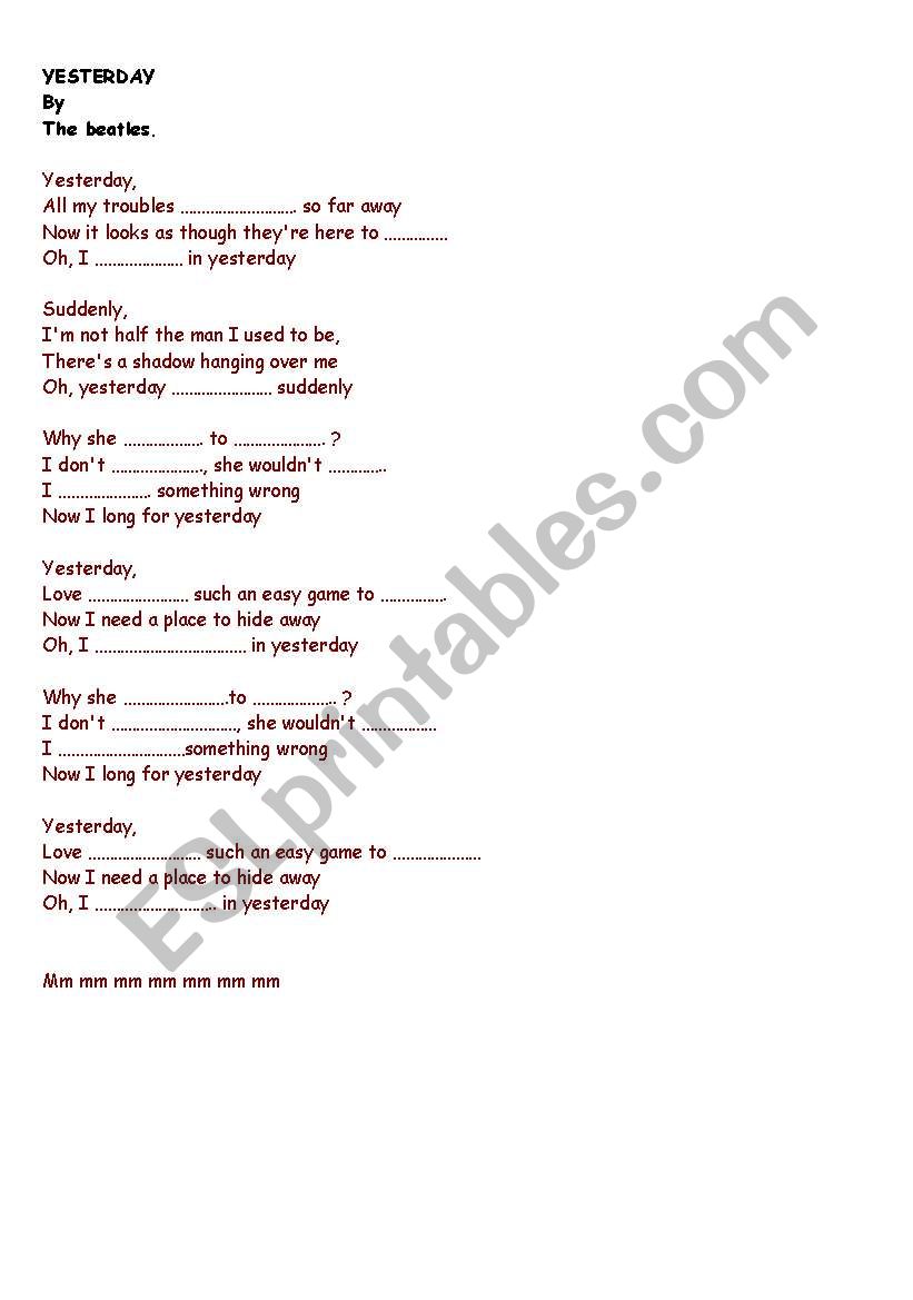 Yesterday by the Beatles worksheet