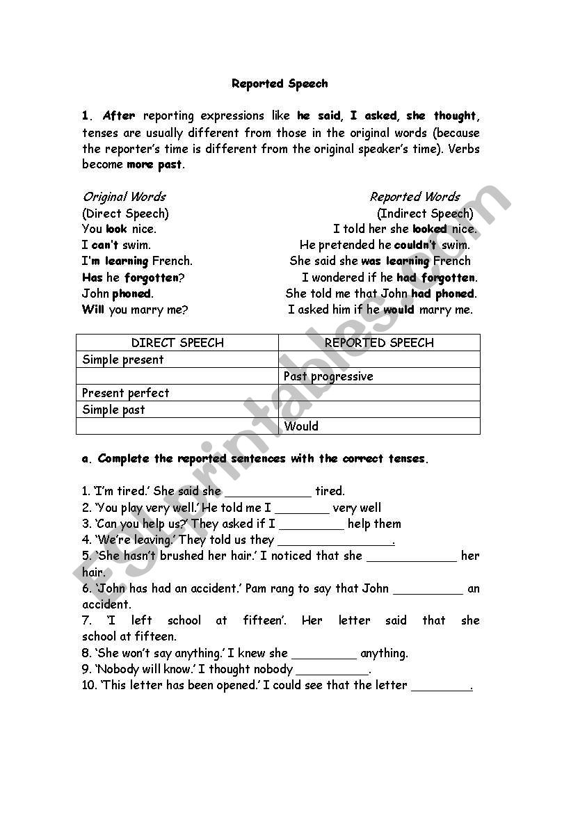 Reported Speech  worksheet