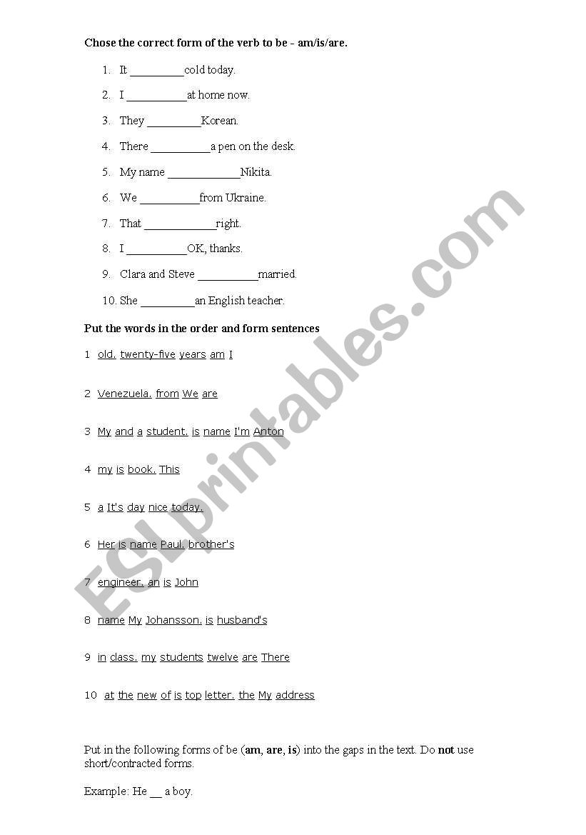 Verb to be - exercises worksheet