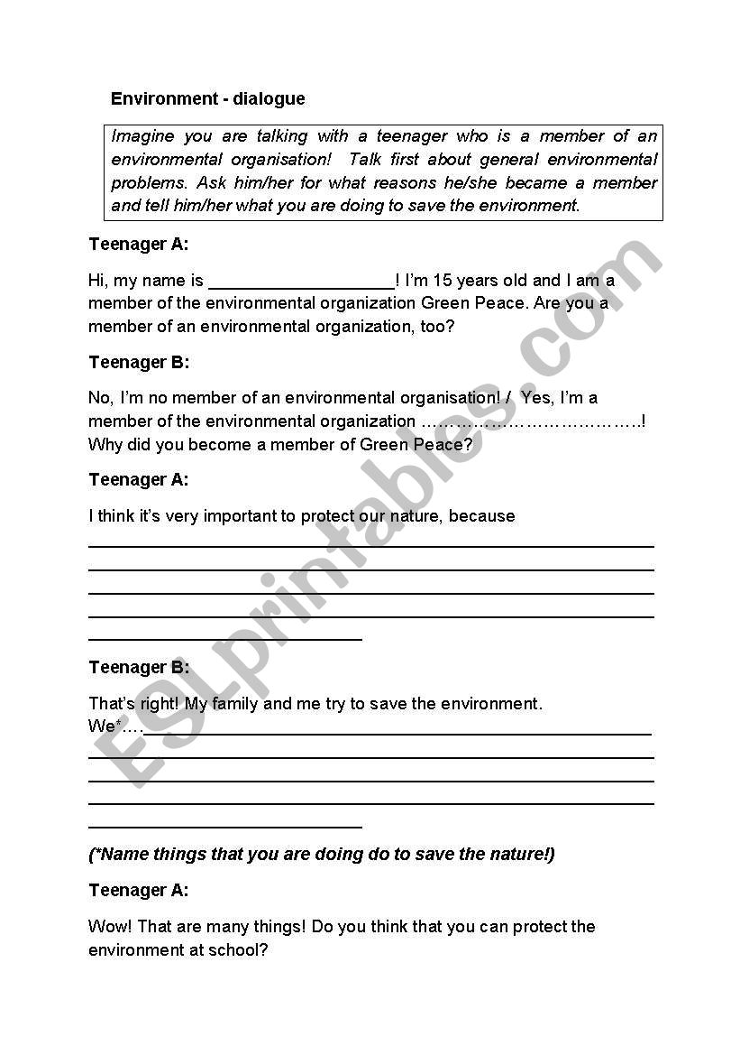 Environment dialogue speaking worksheet