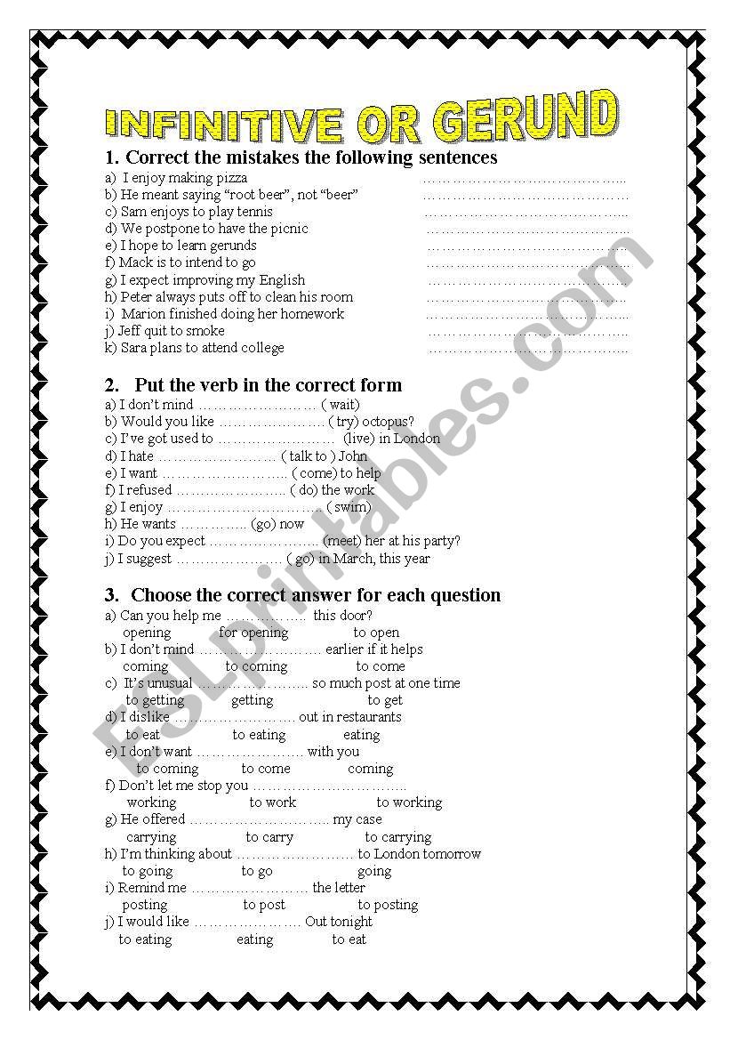 infinitive and gerund worksheet