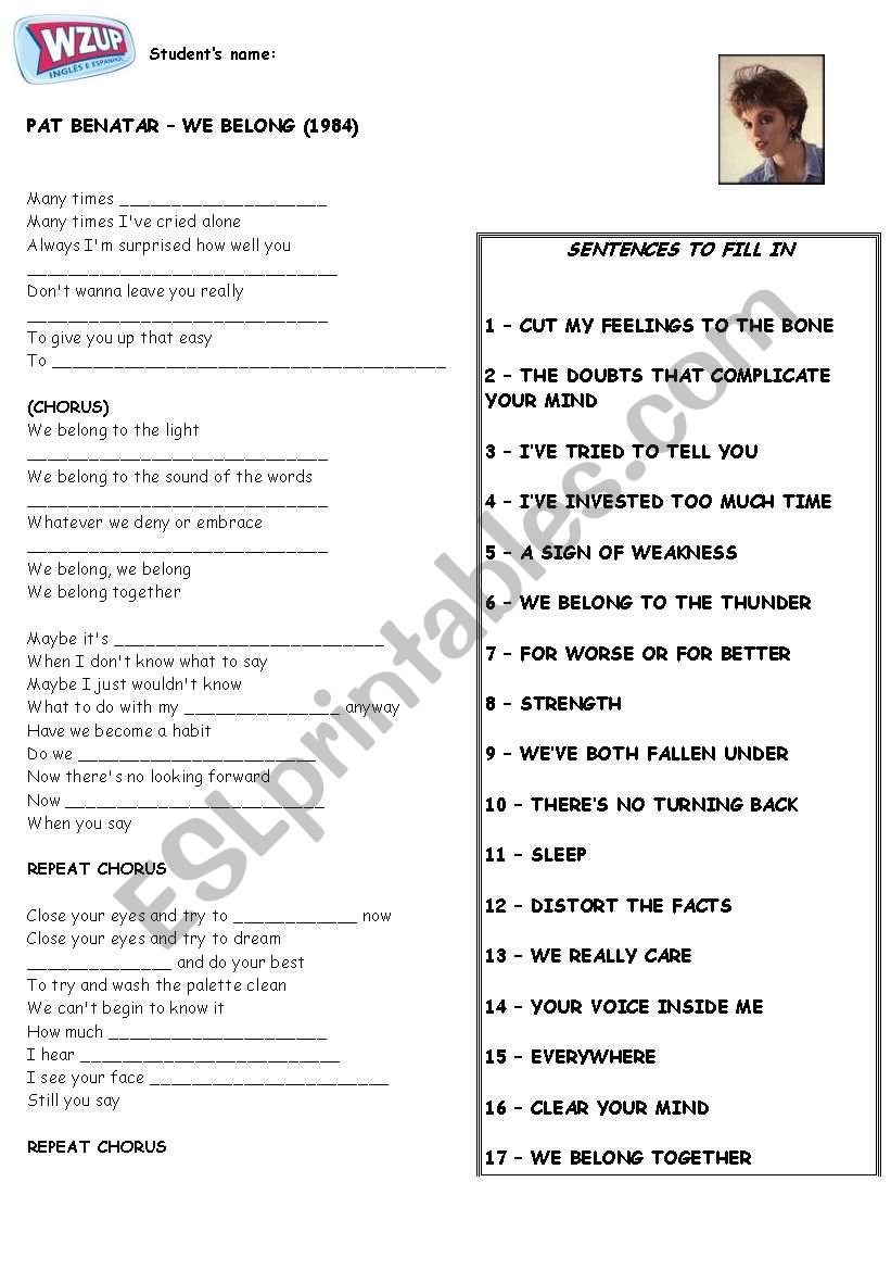 Pat Benatar - We belong worksheet