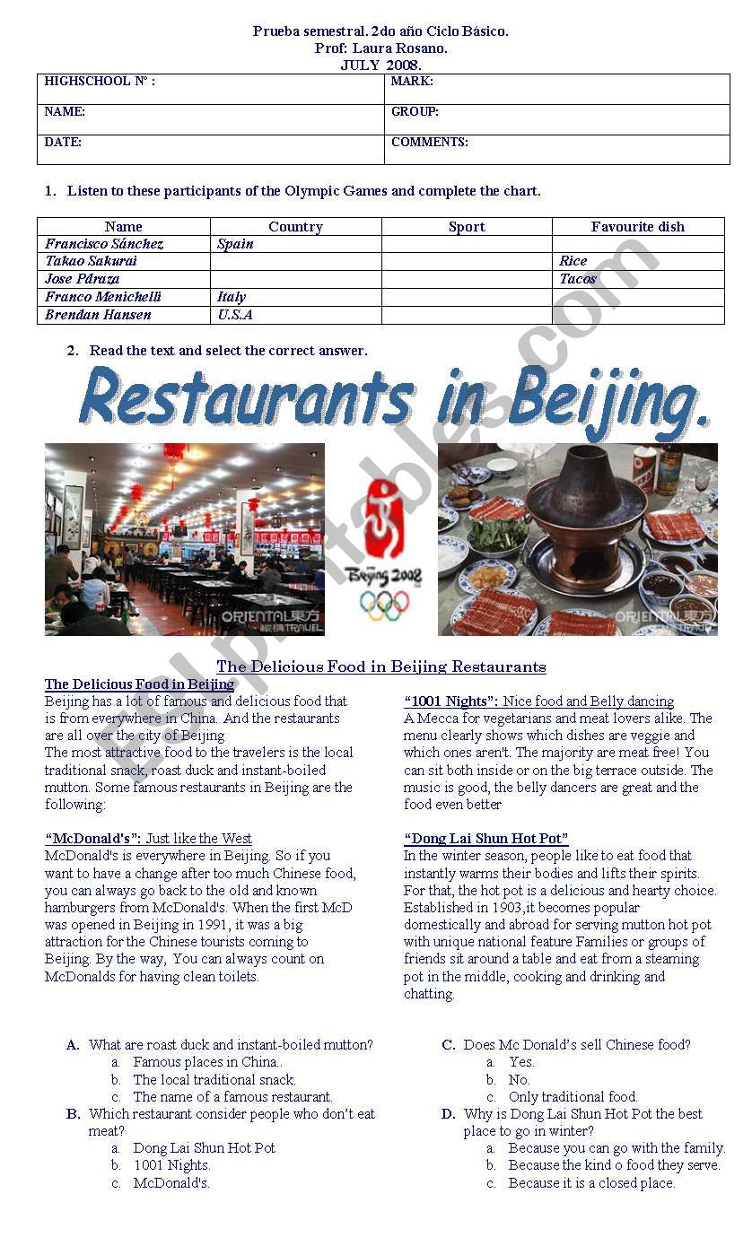 restaurants in beiging worksheet