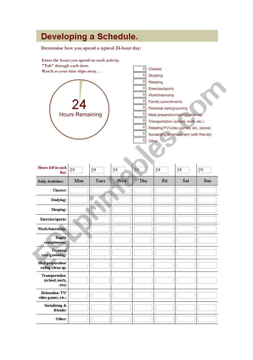 Makin your own shedule worksheet