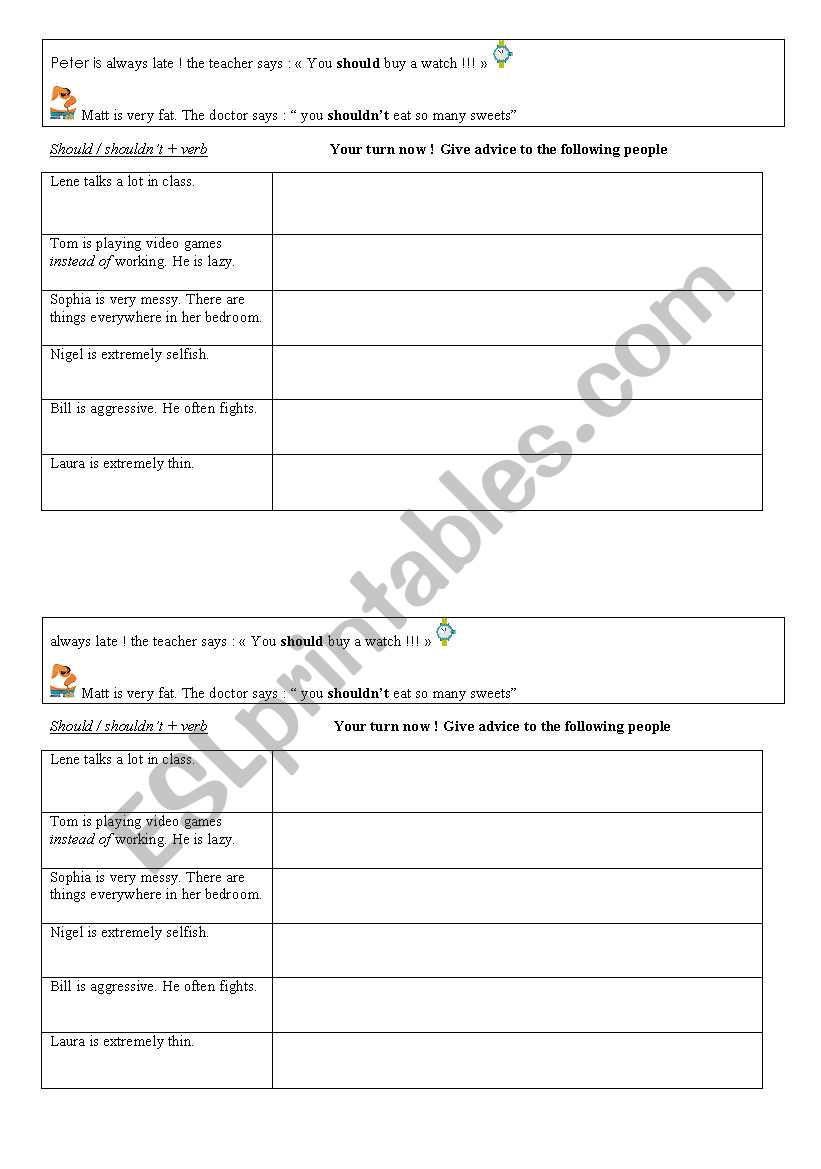 Should / shouldnt worksheet