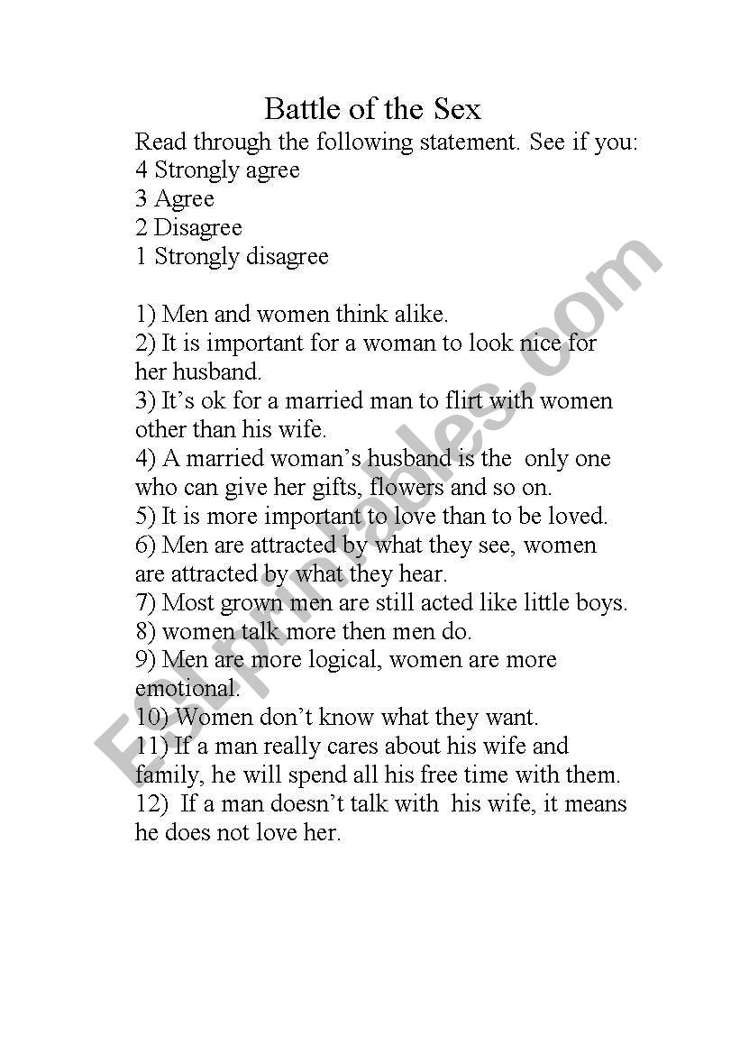 battle of sex worksheet