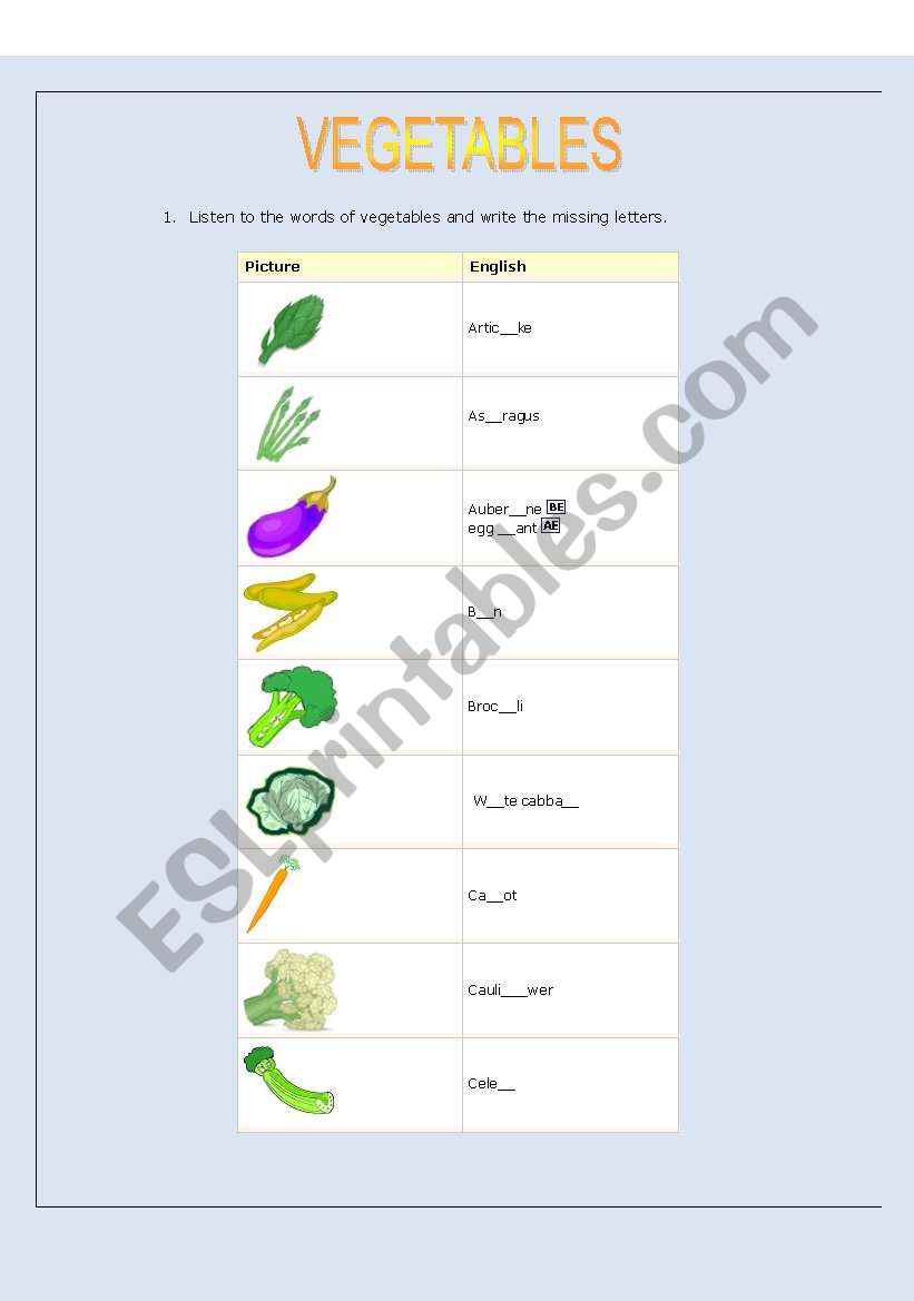 Vegetables worksheet