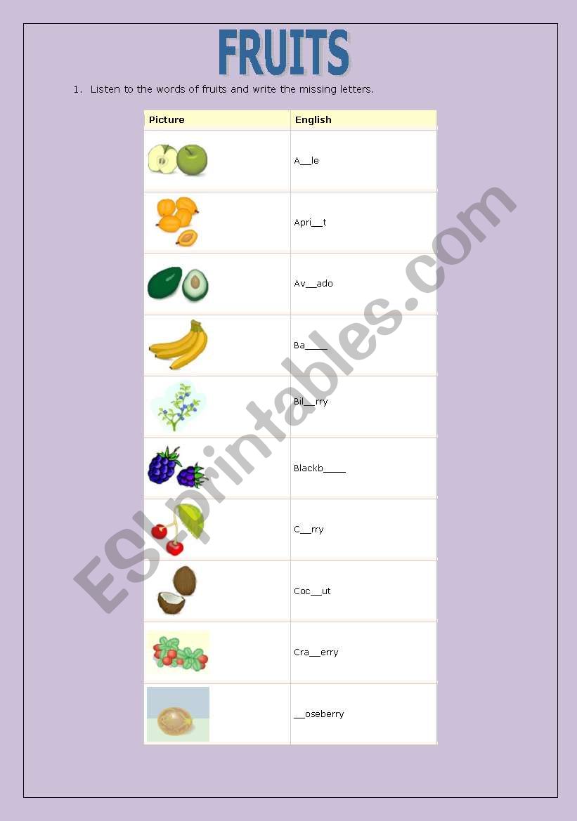 Fruits worksheet