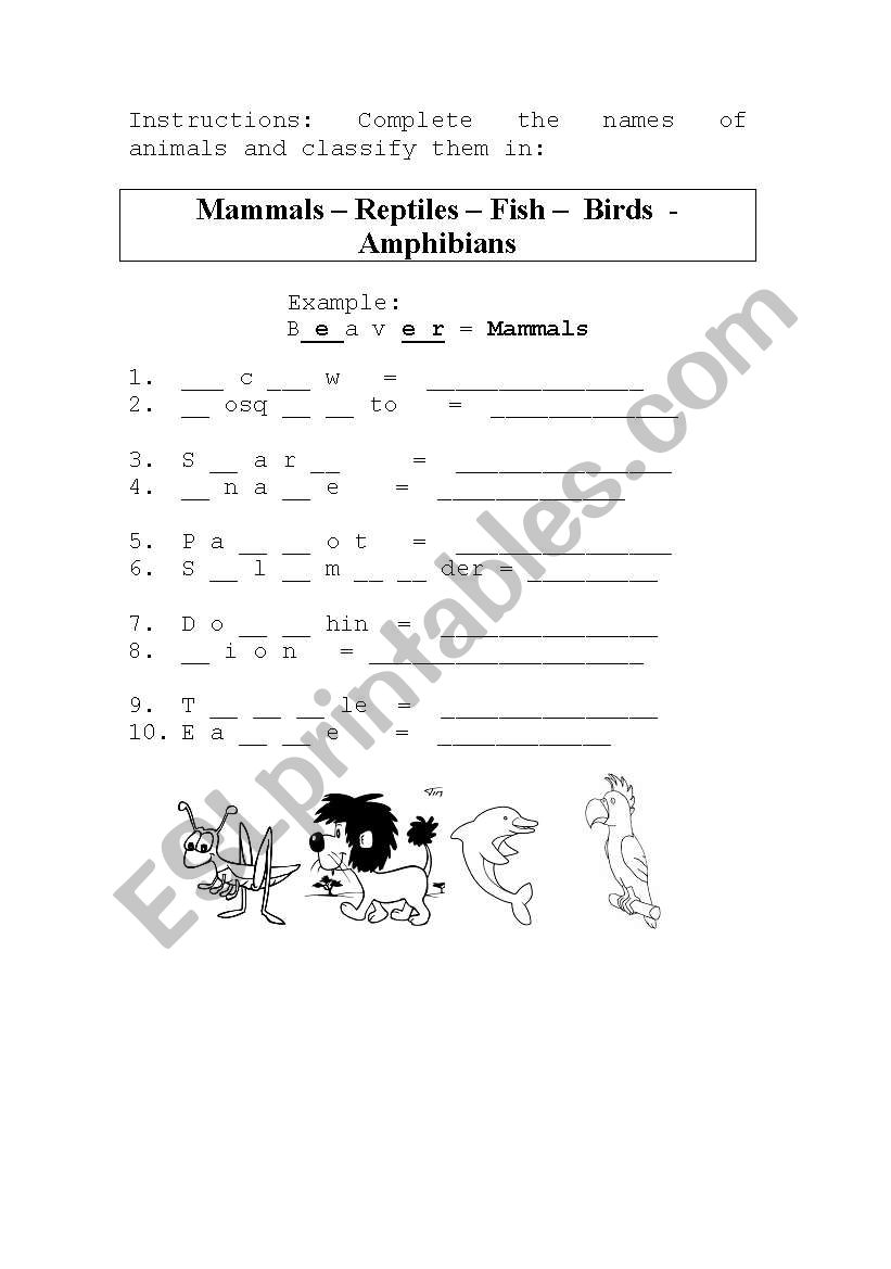 Classify de animals worksheet