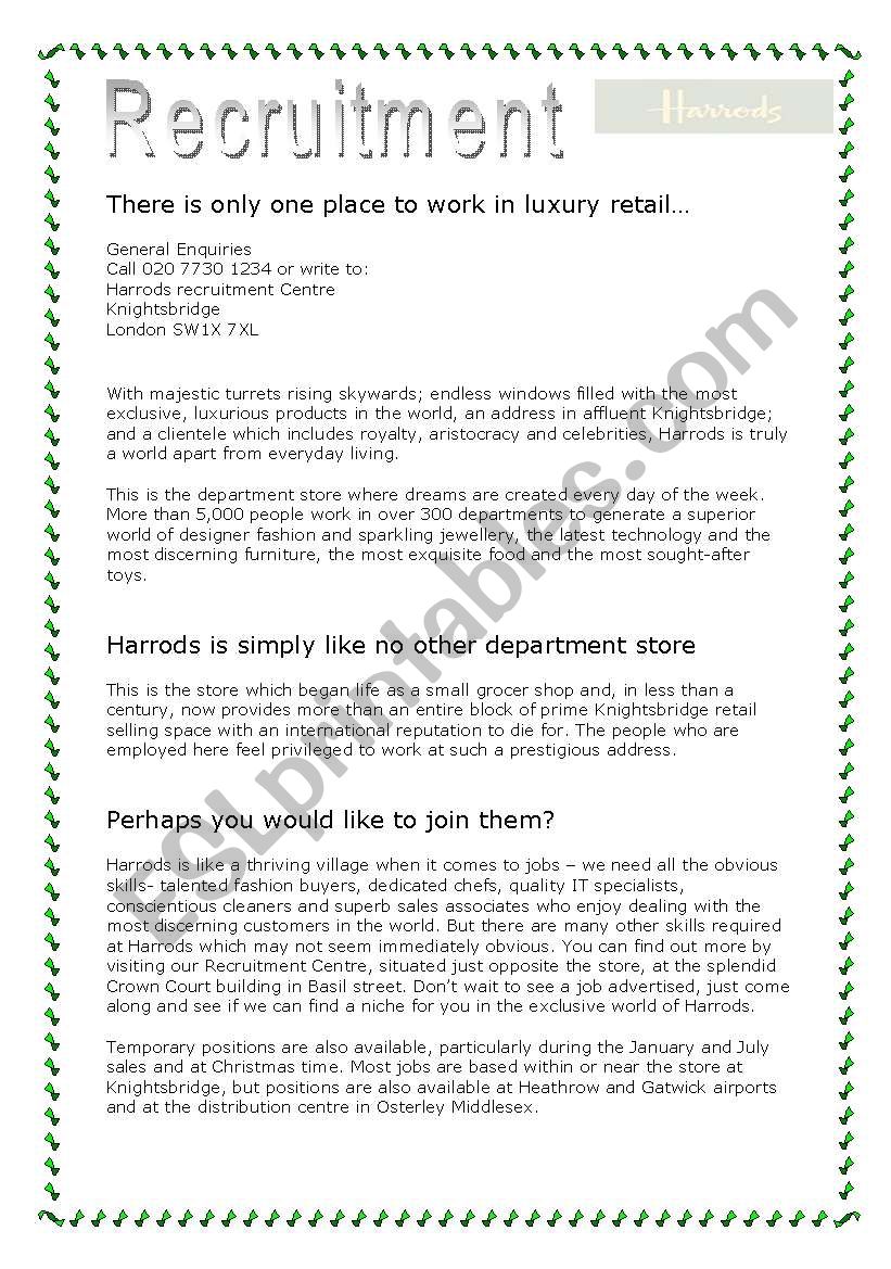 Harrods Recruitment worksheet