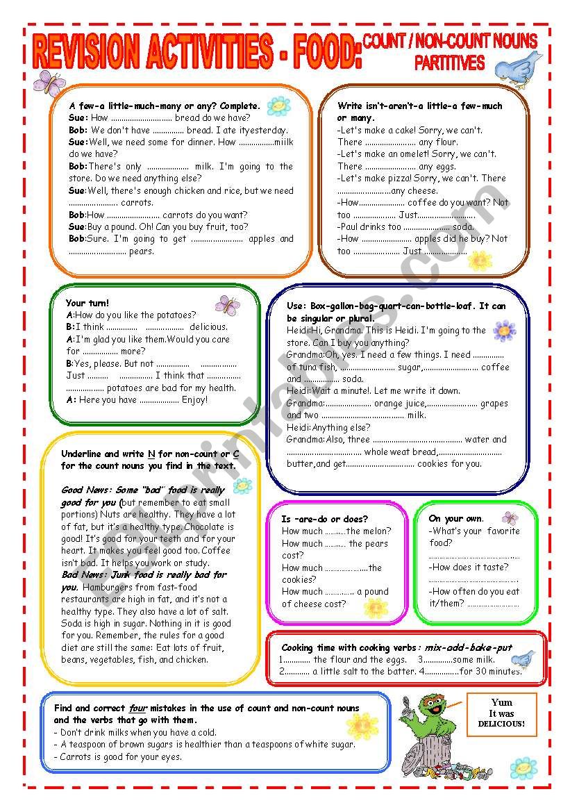 REVISION ACTIVITIES - FOOD- COUNT-NON COUNT NOUNS - PARTITIVES 