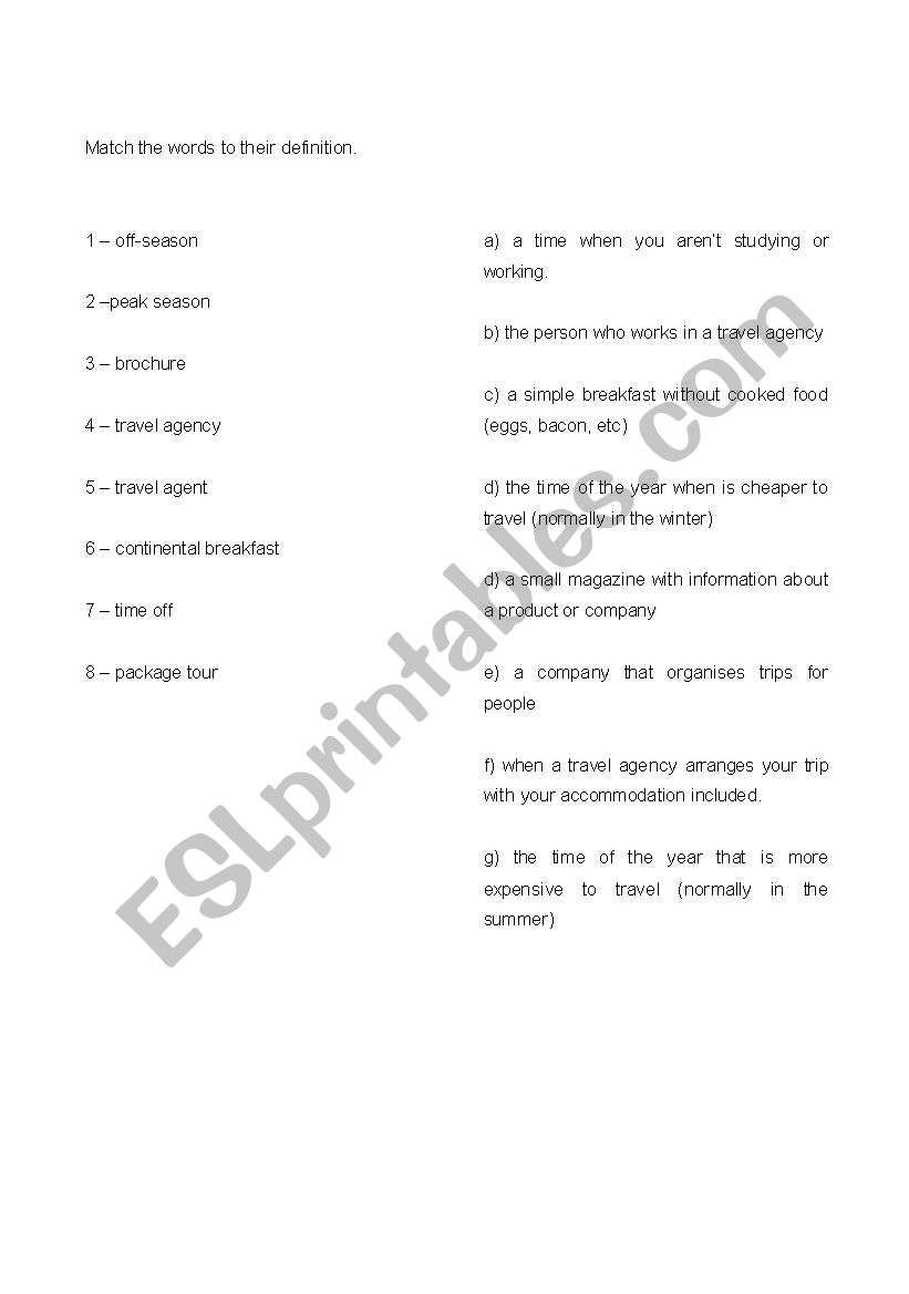 vocabulary - travelling worksheet