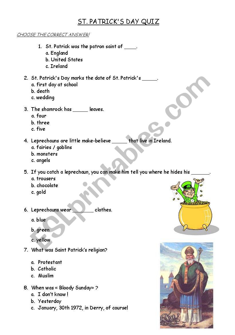 Saint PAtricks day quiz worksheet