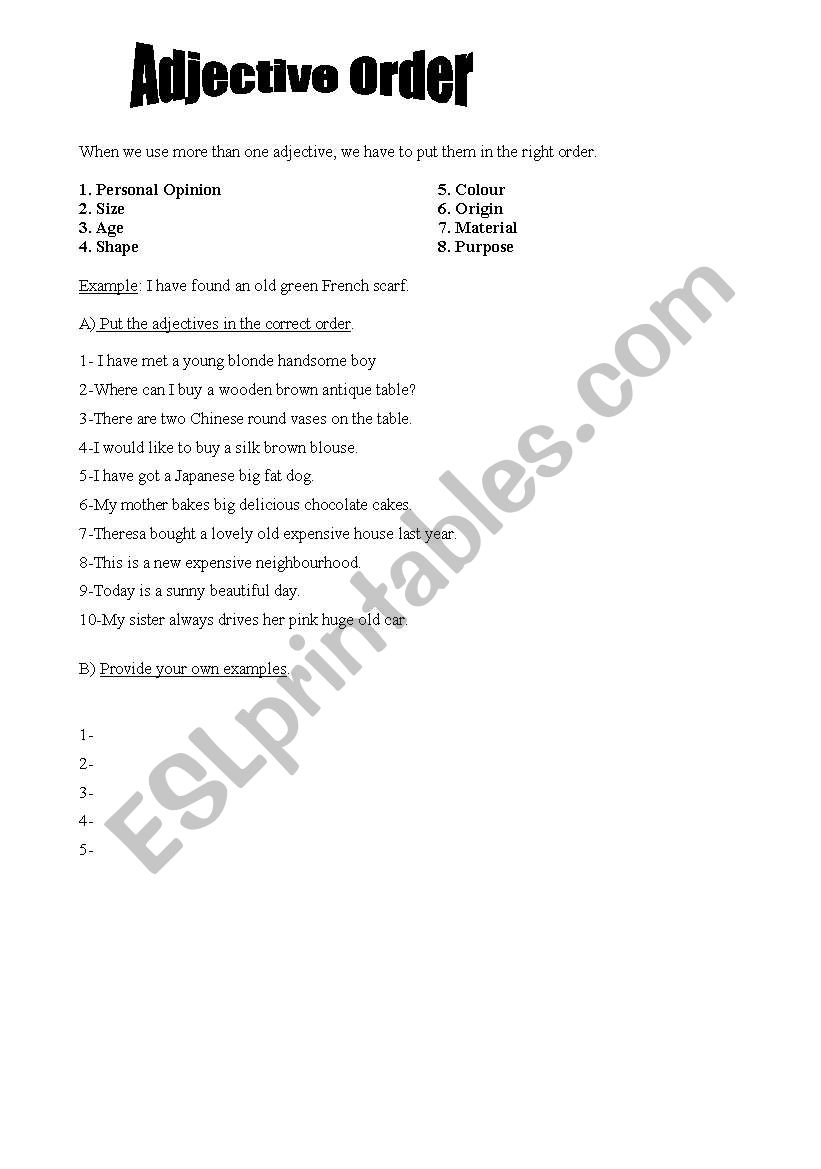 Adjective order worksheet