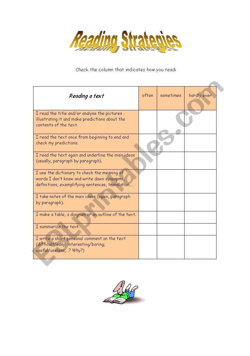 Reading Strategies worksheet