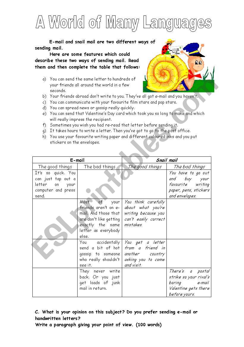 Snail-mail vs e-mail worksheet