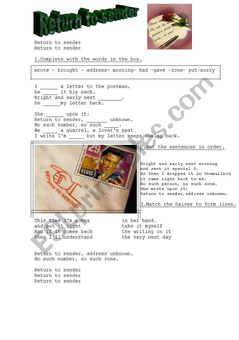 Return to sender by Elvis worksheet