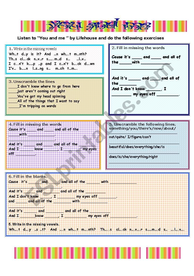Song: You and Me ( lifehouse) worksheet