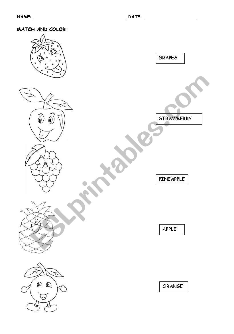 Fruits - Match and Colour worksheet