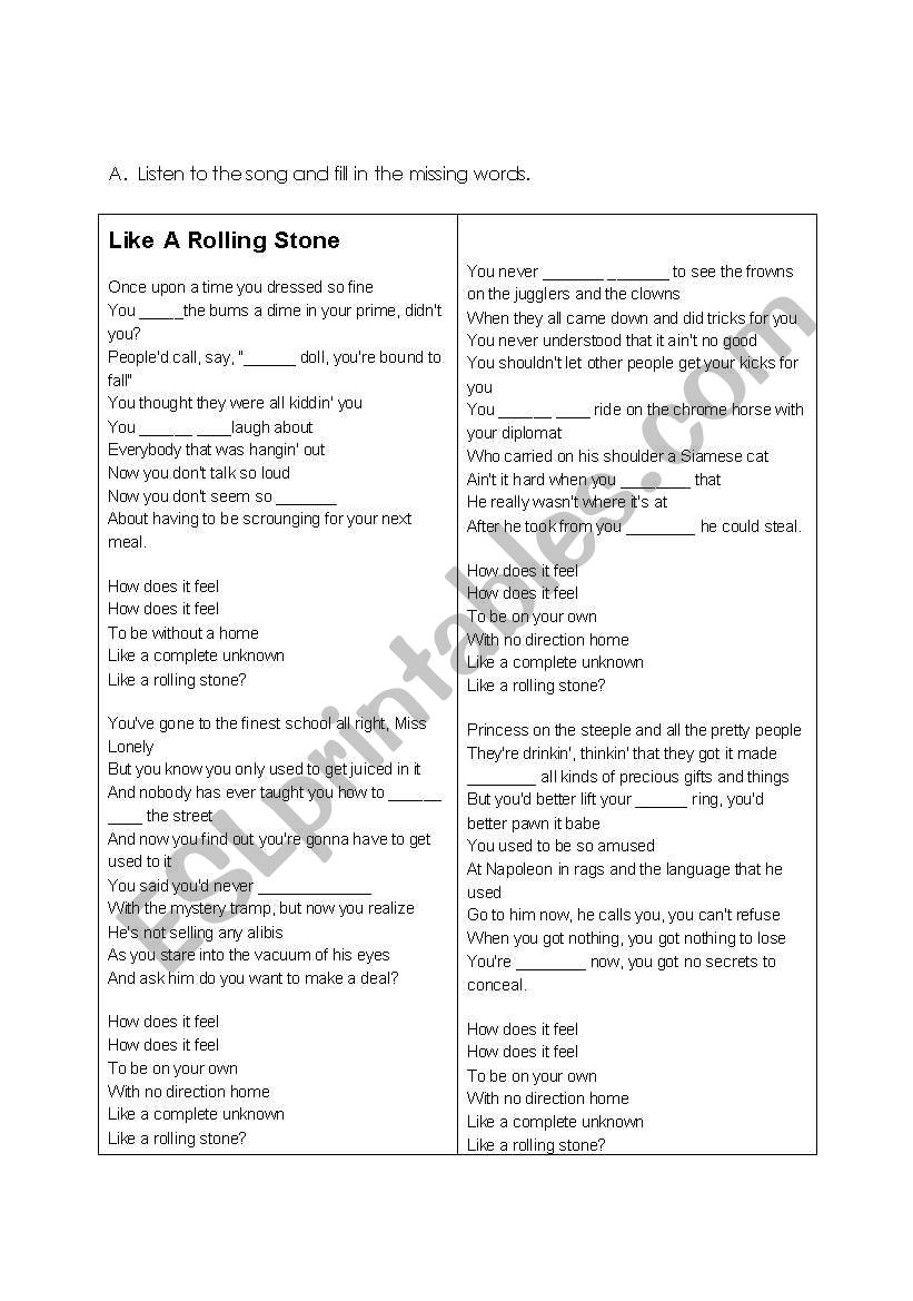 Like a rolling stone worksheet