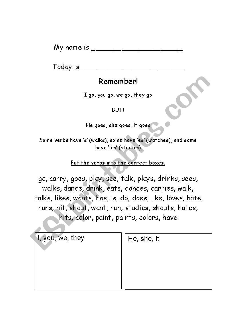 present simple, I, you, we, they + verb vs. he, she, it + verb +s 