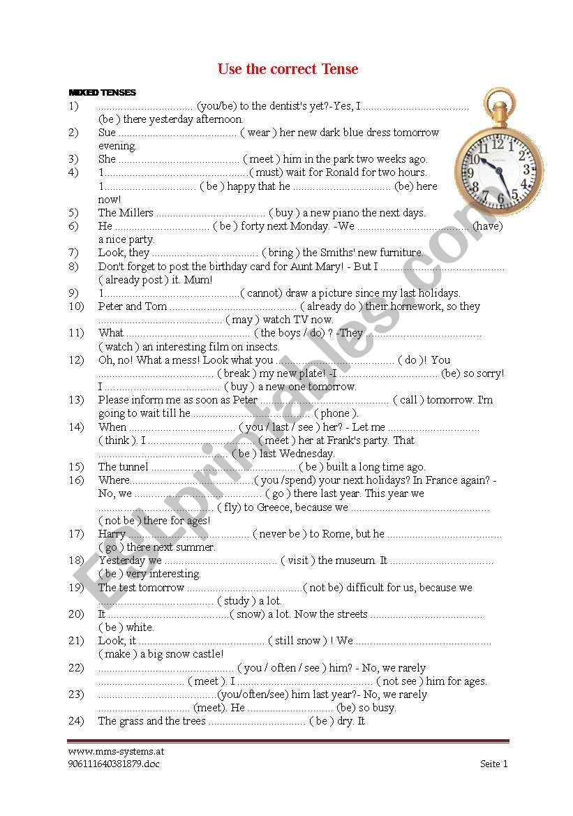 Use of the tenses worksheet