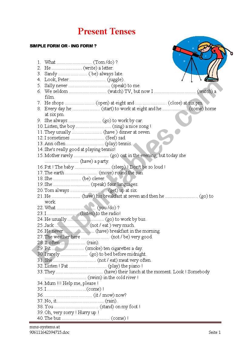 Present Tenses worksheet