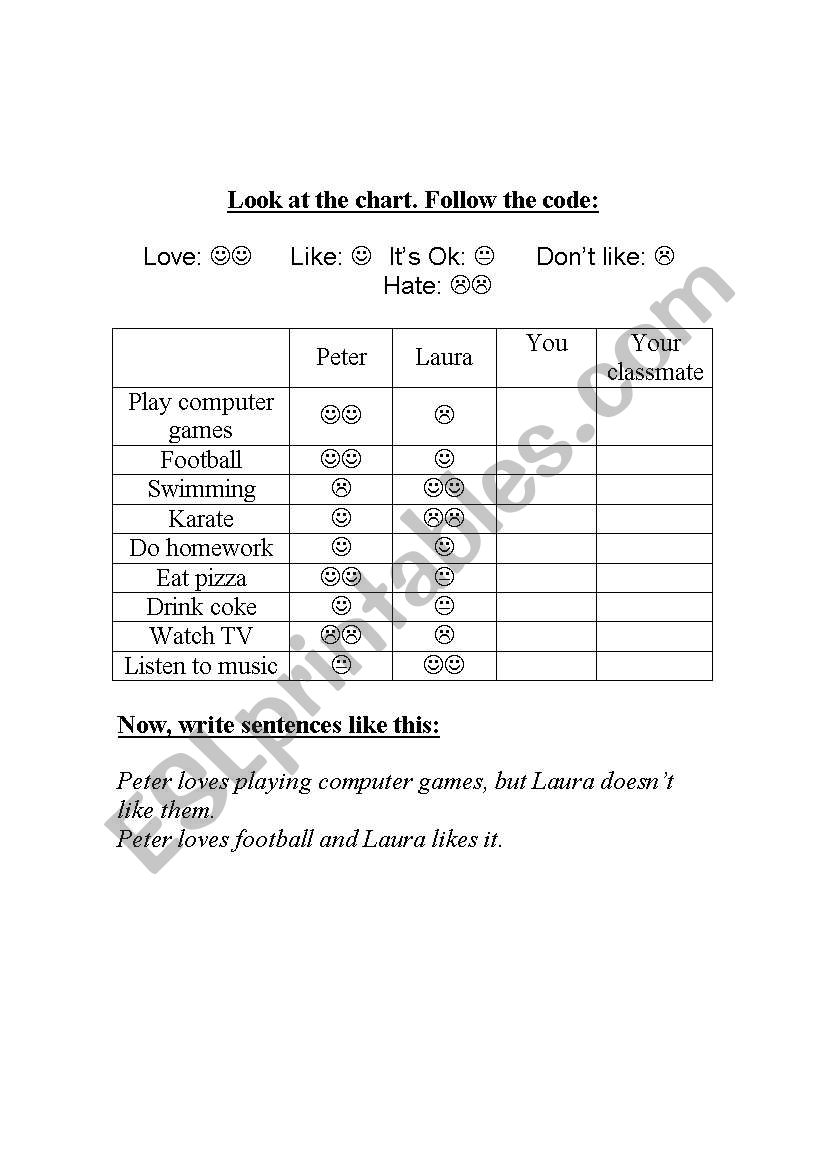 Likes and dislikes worksheet