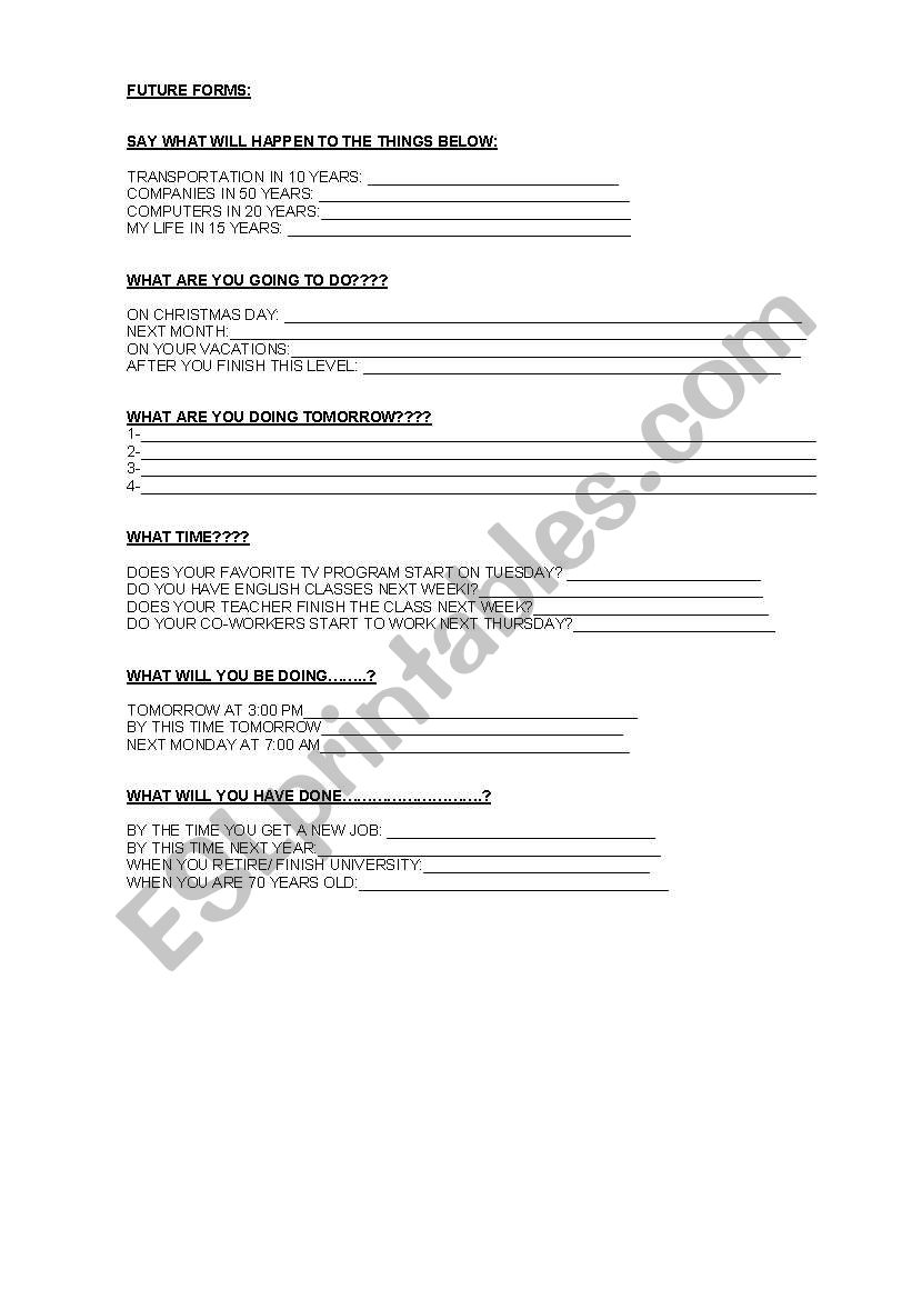 Future forms worksheet