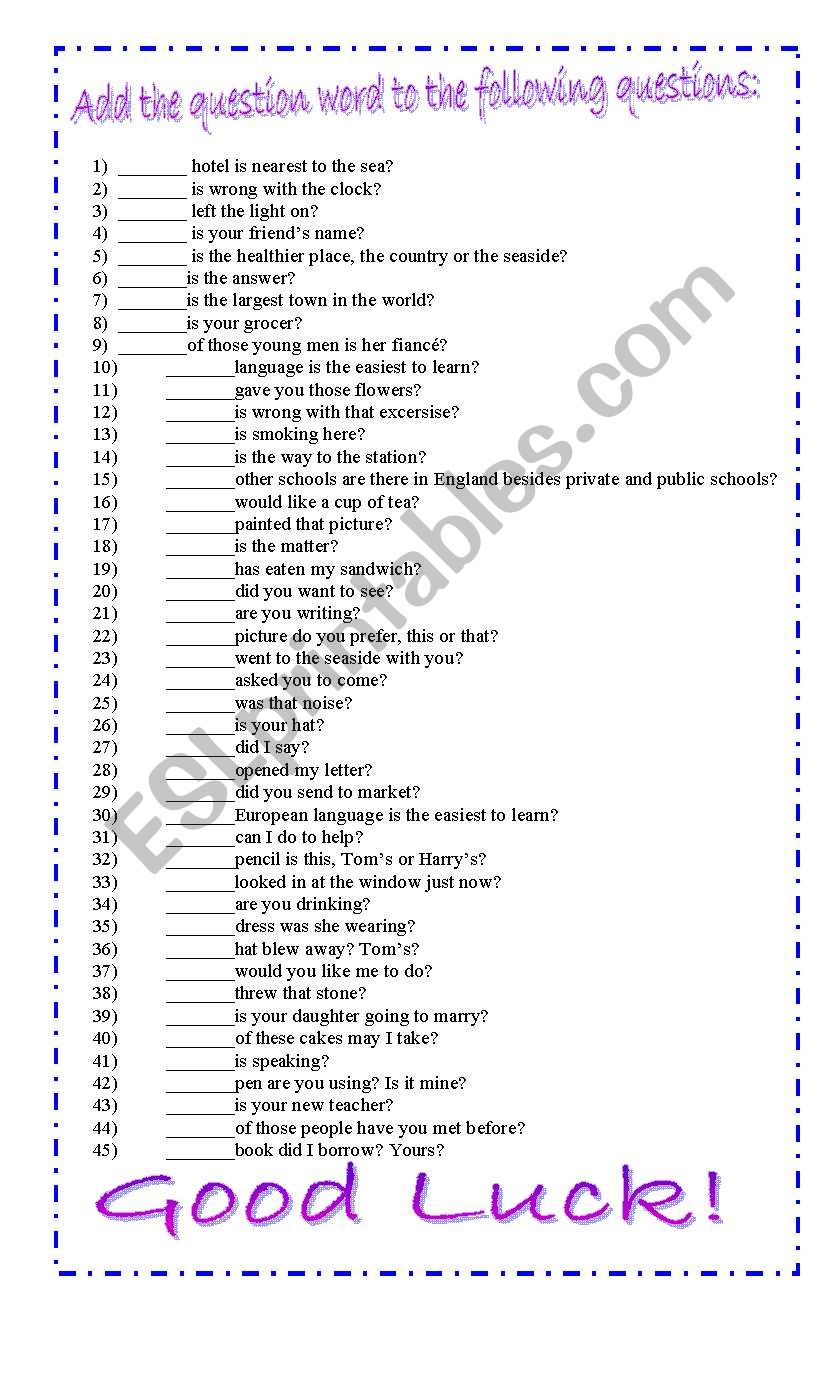 Question words worksheet