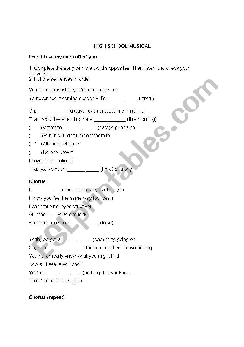 English Worksheets Song I Can T Take My Eyes Off Of You High School Musical
