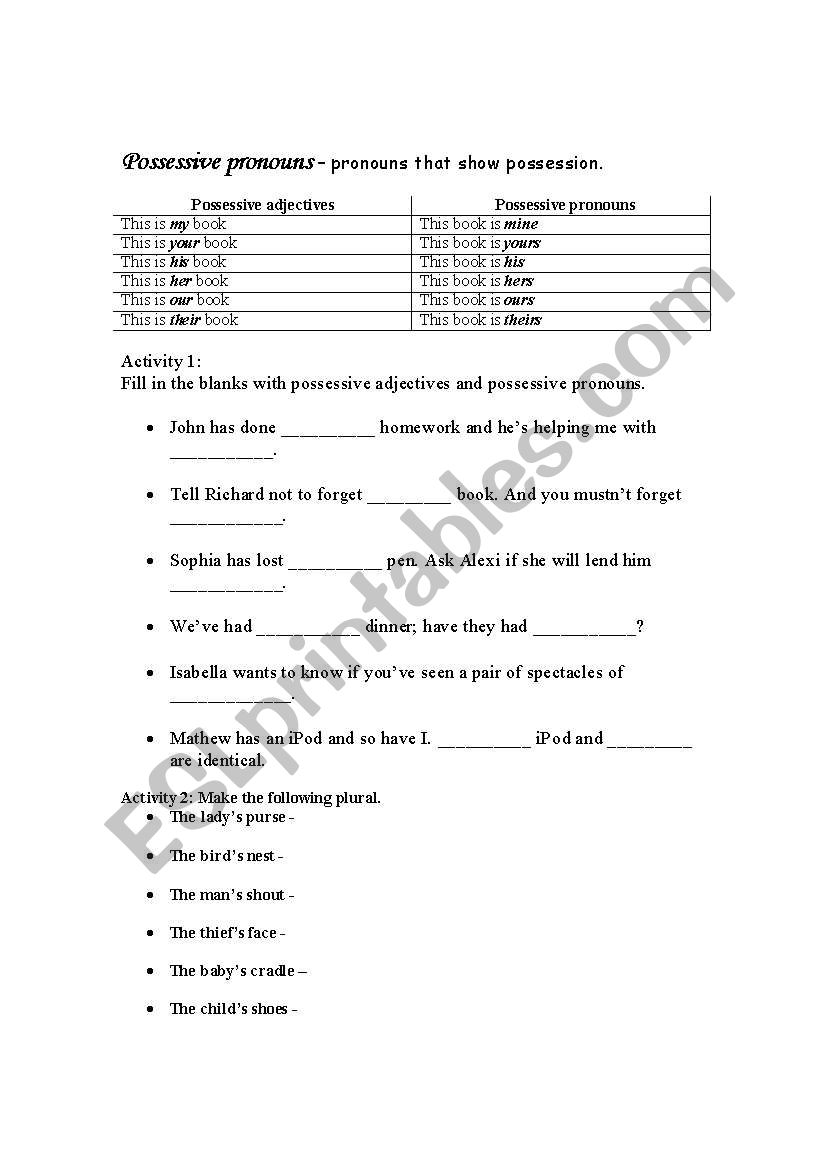 possessive pronouns worksheet