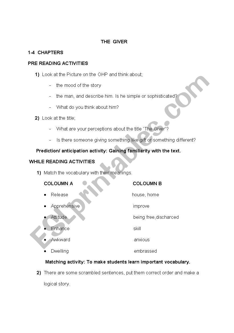 activities for the book the giver