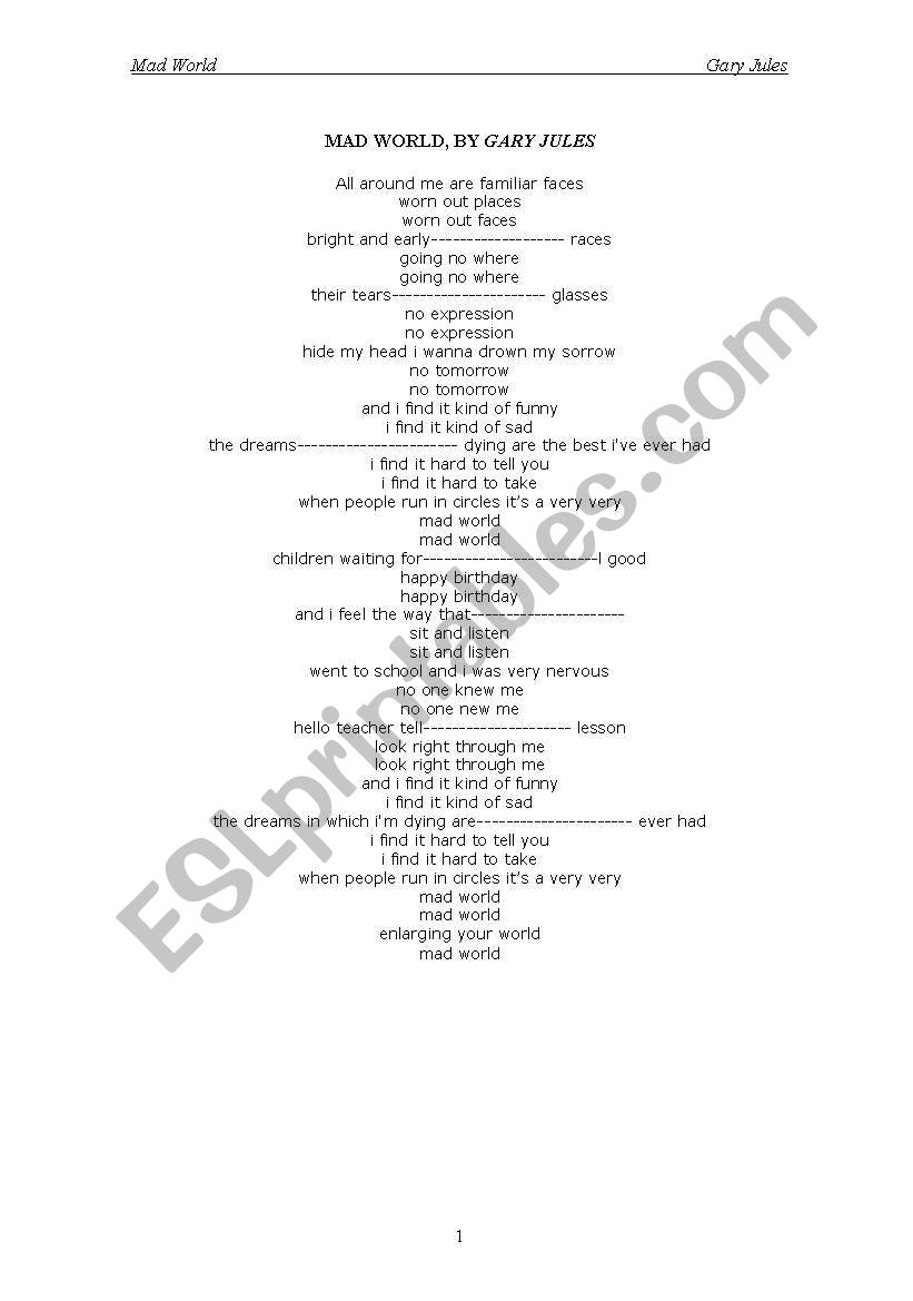 Mad World by Gary Jules worksheet
