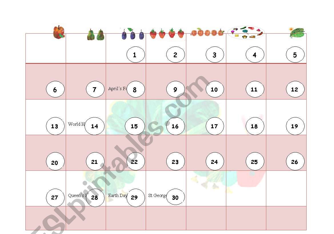 English worksheets the very hungry caterpillar calendar