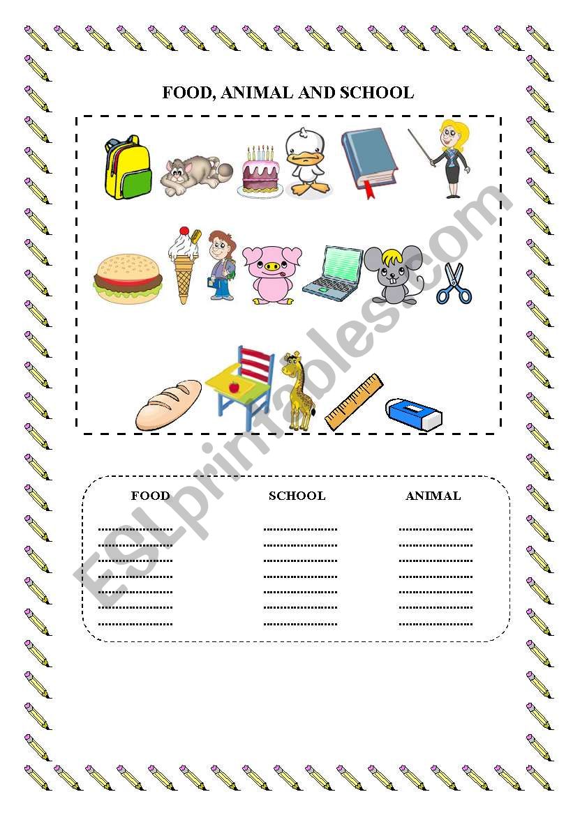 FOOD, ANIMAL AND SCHOOL worksheet
